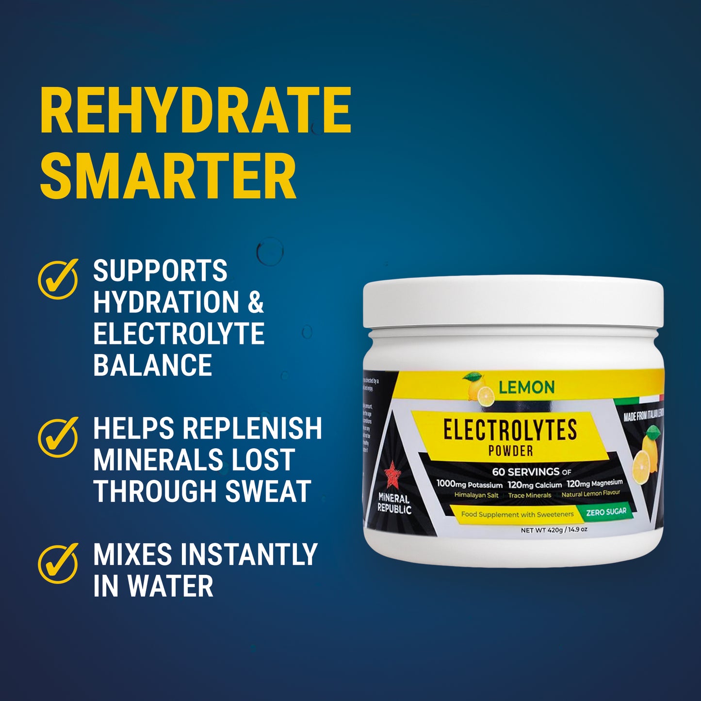 ELECTROLYTES POWDER for Hydration & Recovery – No Sugar, High Magnesium & Potassium, Himalayan Salt, Tasty Lemon - 420g