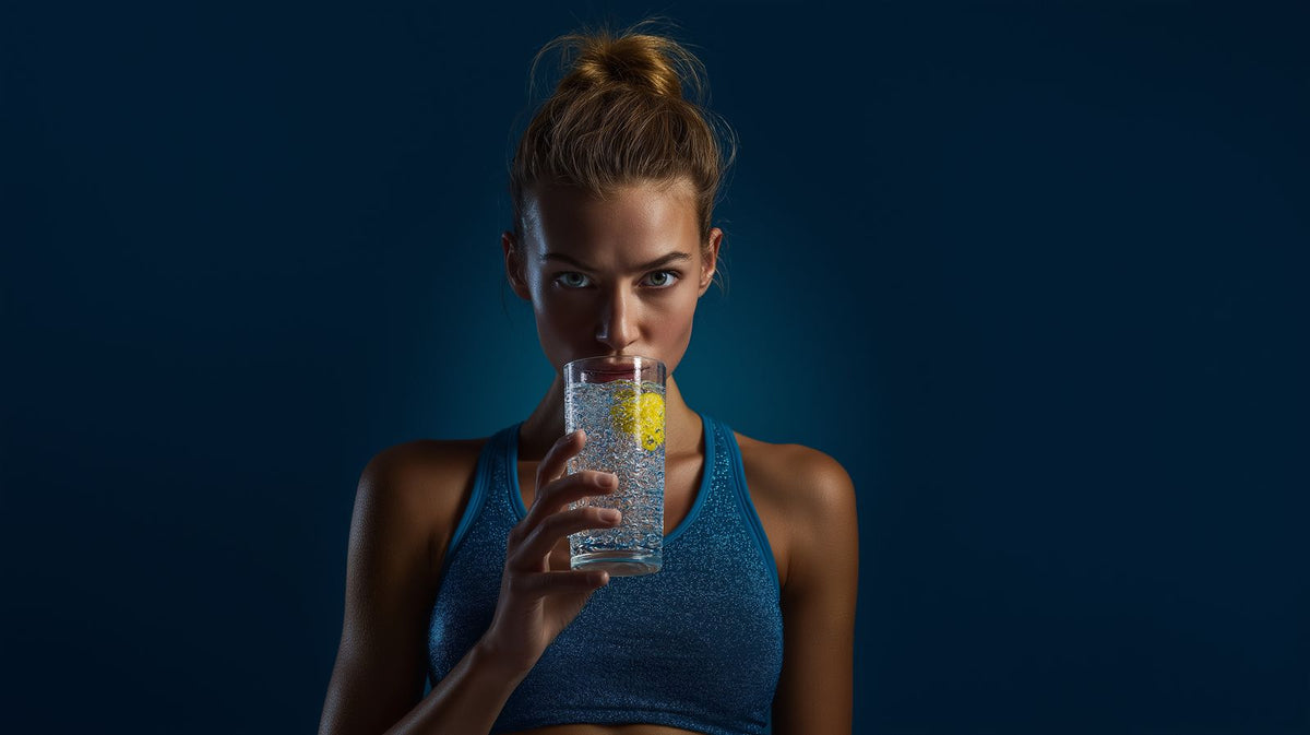 Woman in sportswear drinking a glass of lemon water