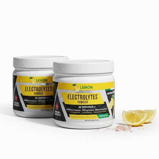 Two containers of Mineral Republic lemon electrolytes powder with a lemon wedge on a white background