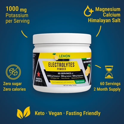 ELECTROLYTES POWDER for Hydration & Recovery – No Sugar, High Magnesium & Potassium, Himalayan Salt, Tasty Lemon - 420g