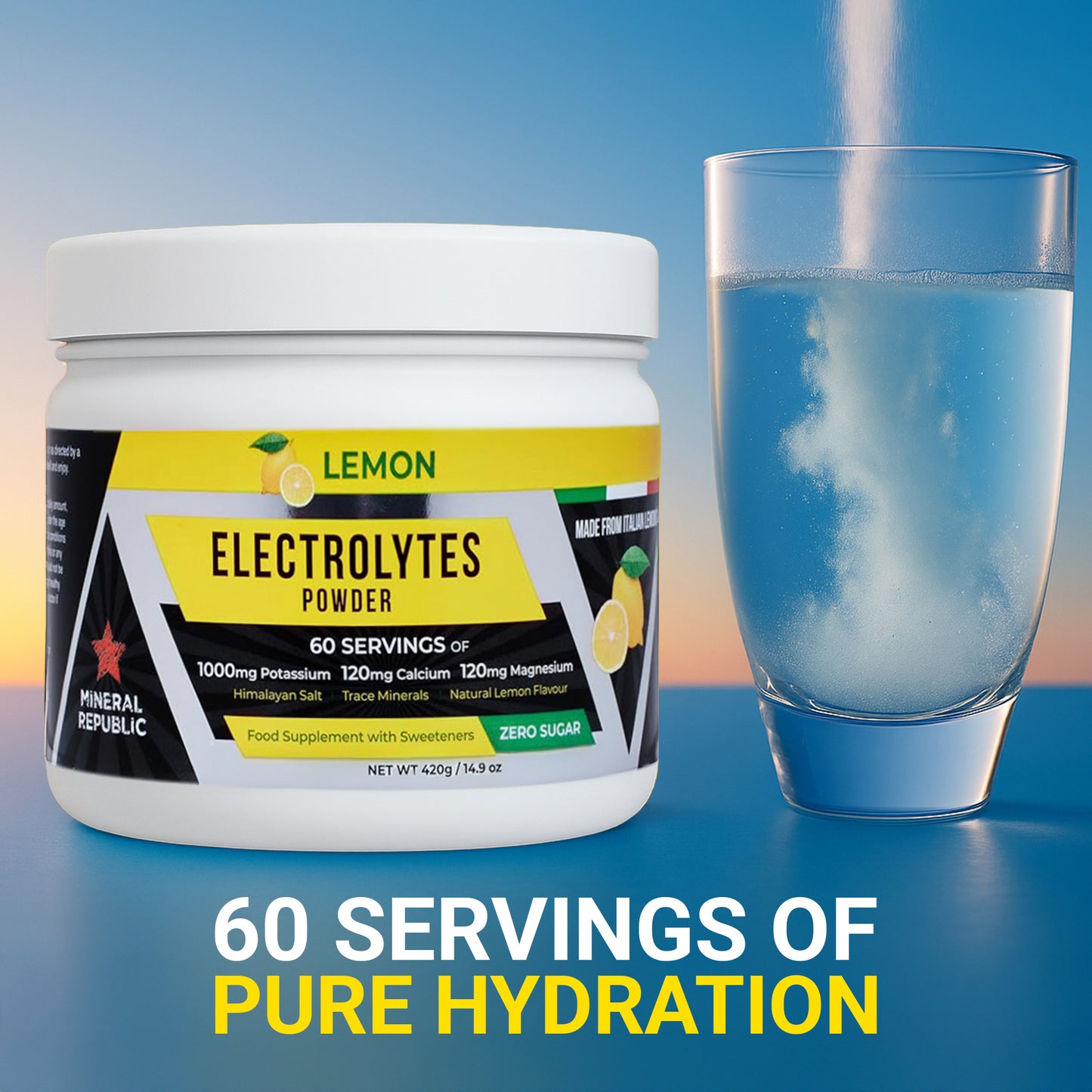 ELECTROLYTES POWDER for Hydration & Recovery – No Sugar, High Magnesium & Potassium, Himalayan Salt, Tasty Lemon - 420g