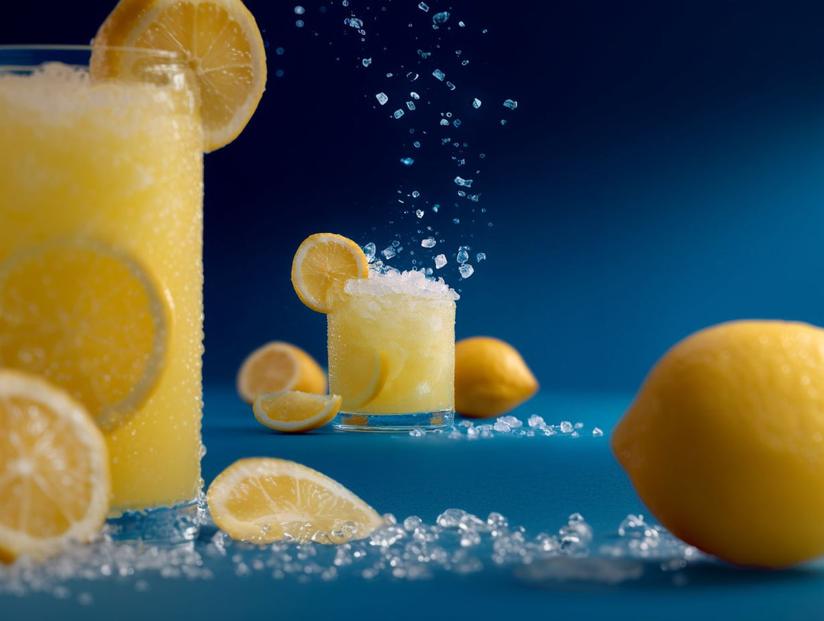 Glasses of lemon electrolyte drink with fresh lemons