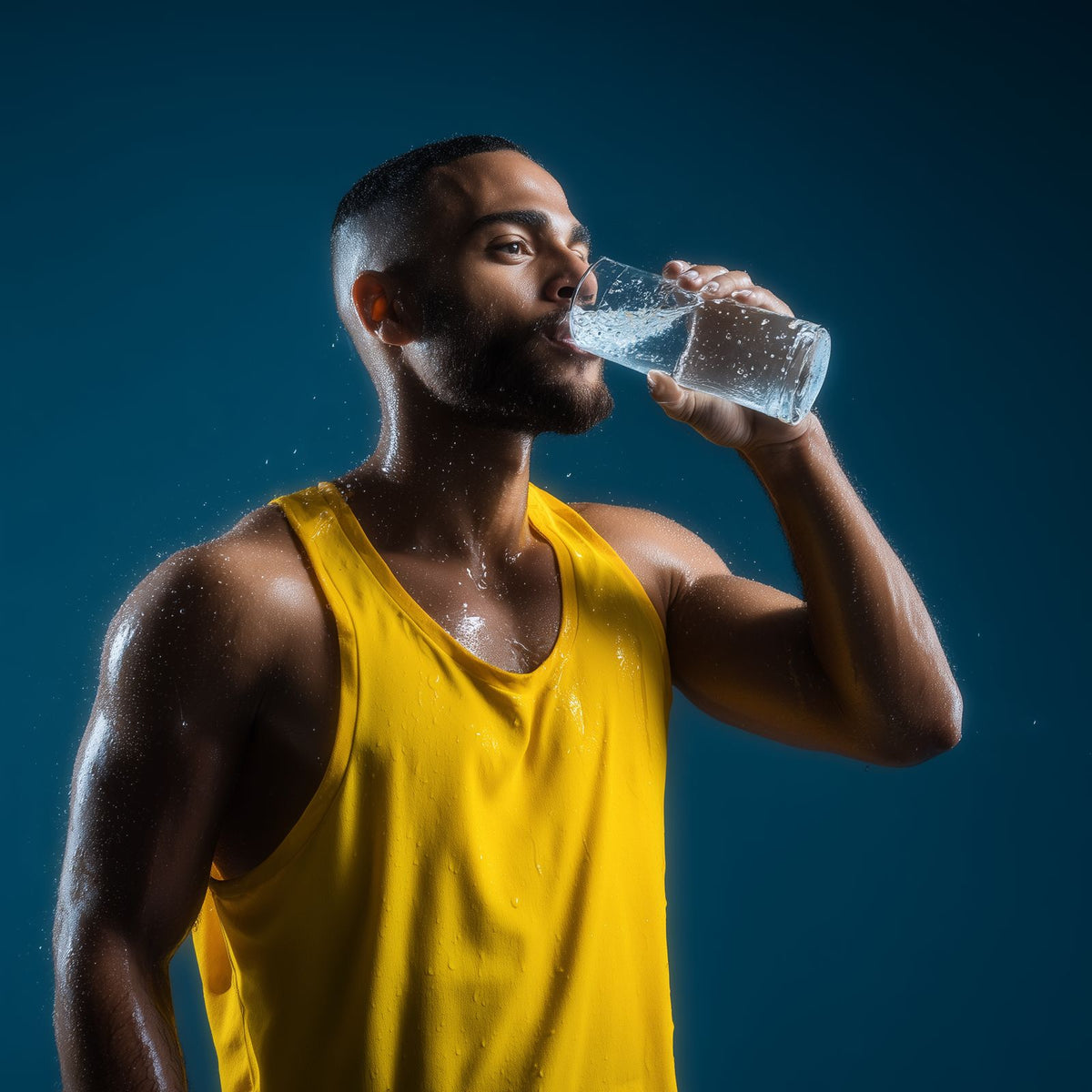 Man in a yellow vest drinking a glass of water during training