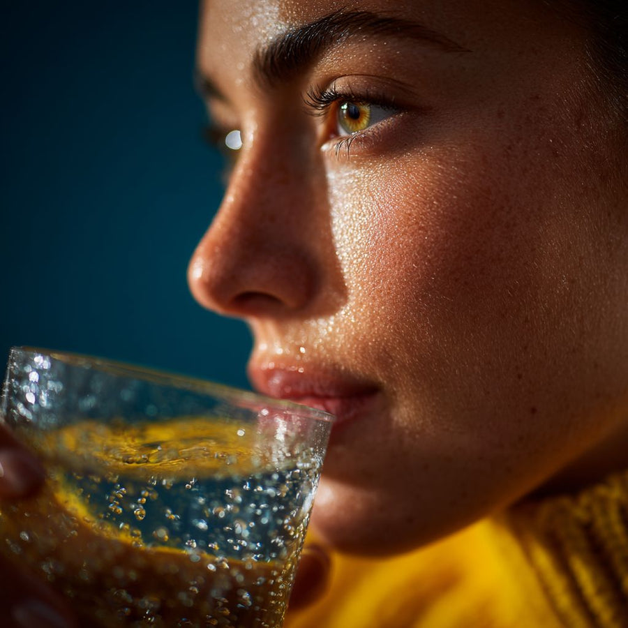 Woman sipping a glass of electrolyte water