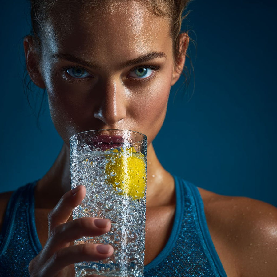 Woman drinking a glass of water with a lemon slice